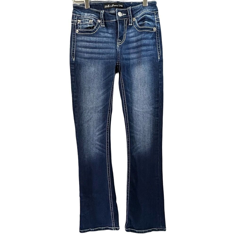 Stella in Dreams Womens Mid Rise Bootcut Jeans Dark Wash Cross Pocket SR100 3/26